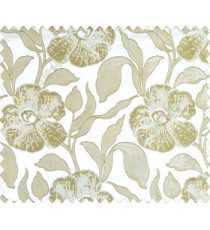 Large green beige leaf and big flower with embossed look on half white cream shiny fabric main curtain